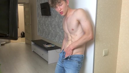 Hot boy In Blue Skinny Jeans Stroking His Long DICK (23cm)/ Huge Cum Load