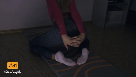 Home fitness workout in yoga pants and sloppy blowjob after