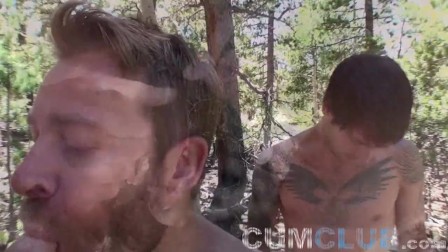 Cum Club: Outdoor Raw Group Fucking - Mountain Barebacking 3-way Cum Swap
