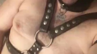 Leather slut cumshot, eats cum