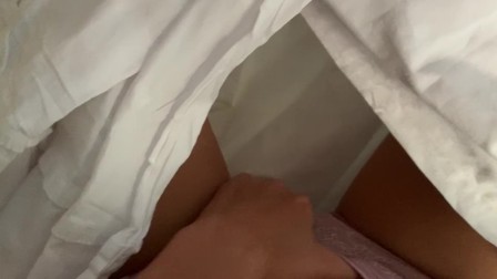 girl publicly masturbating in the train under the blanket and touches boobs