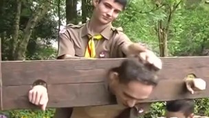 Outdoor anal threesome with skinny twink boy scouts