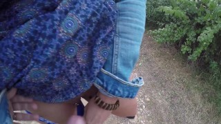  I empty the balls in my blue thong outdoors