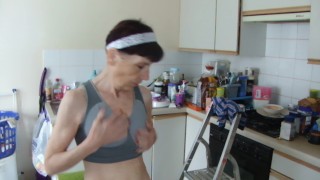 Cleaning In A Cream Sexy Thong In The Kitchen. Ohhh My Sexy Butt! LOOK!