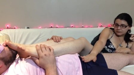 Chubby teen in Glasses gets her Feet Worshiped, SITS on FACE and Sucks COCK