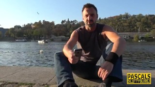 Sub rides and tugs cock for cum on tits