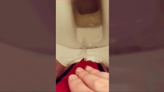 Wetting on toilet in too tight panties while rubbing hairy pussy to orgasm