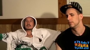 Two straight thugs stroke their long cocks and cum
