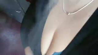 Smoking in train. BBW mommy show naked boobs public