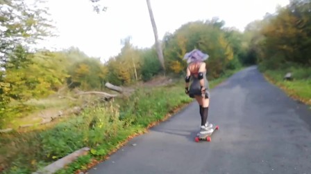 Outdoor public flashing , blowjob & sex in a forest by a french skater girl