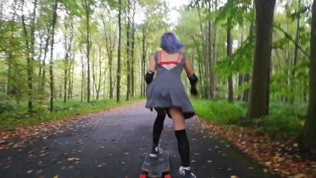 Outdoor public flashing , blowjob & sex in a forest by a french skater girl
