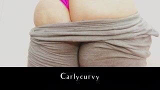 Blonde Carlycurvy in tight yoga pants with a pink thong tease! 