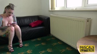 Inked submissive gets throat fucked