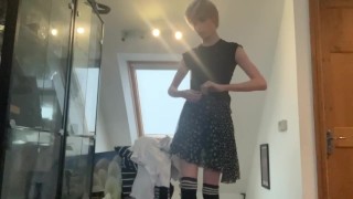 Cute femboy shows what’s under skirt 