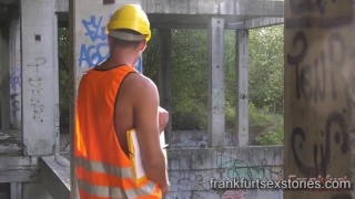 Sexy construction worker fucks horny whimp in the open