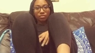 Cute Ebony Stuffed after Thanksgiving Shows off Feet and Ripped Leggings