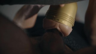 Hung boy fucking fleshlight in 4K. Big uncut white cock. Frog view. Cum.