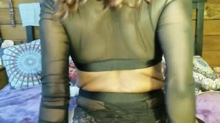 Part 3/3 Ebony in sheer lingerie, stockings rides dildo tight pussy