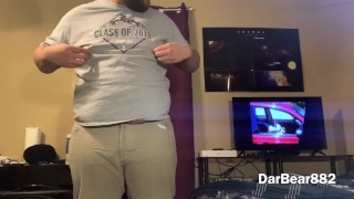 Chubby boy plays with his big belly then shoots a load