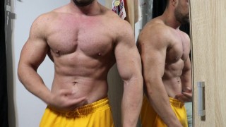 Muscle stud flexing for the camera