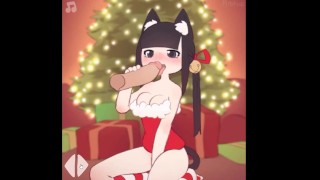 Christmas Cat Girl sucking cock and drinking sperm