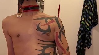 Tattooed Guy Jerking Off with Big Dildo in His Ass - Cums on Jockstrap