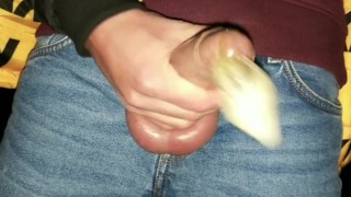 Twink fills cum filled condom even more public