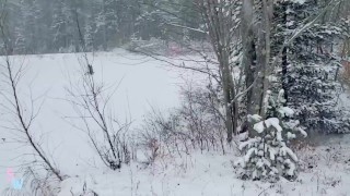 Hardcore tgirl strips and jerks herself in the snow