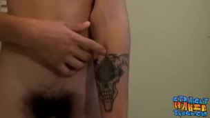 Skinny straight guy jerks off his huge cock until he cums