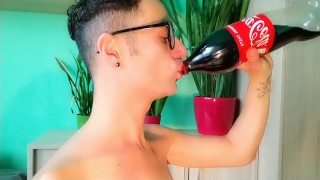 Twink belly bloated with cola and mentos then wank and cumshot