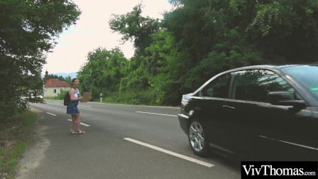 Voluptuous lesbian picks up sexy hitch hiker and fucks her