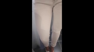 Desperate pee in white Jeans and rubbing my wet clit Full video on ModelHub