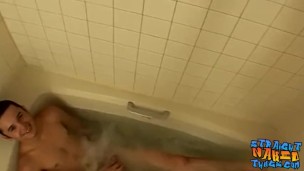 Straight and tattooed thug masturbates after taking a bath