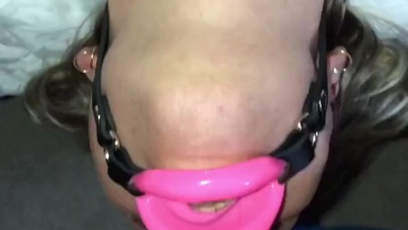 Open Mouth Tunnel Ring Gag blowjob Facefuck until he Cums in MILF‘s Mouth