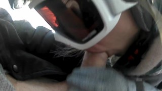Italian girl films us while she sucks me in a ski lift surpise cumshot