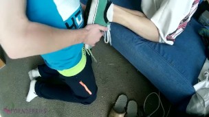 My friend twink giving me a footjob (shoes, socks, barefeet)