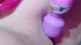 Lady in red with her pink toy