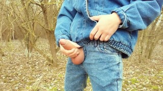 Twink wanks with penis plug outdoor - Cum leaking with urethral ball inside