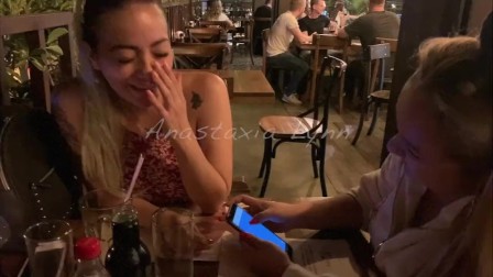 Two friends controlling my toy in Public Restaurant! Holding moans!  Anastasian Lynn