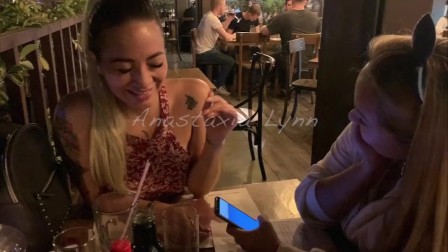 Two friends controlling my toy in Public Restaurant! Holding moans!  Anastasian Lynn