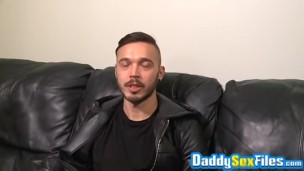 Tattooed guy vigorously strokes his big dick for daddy
