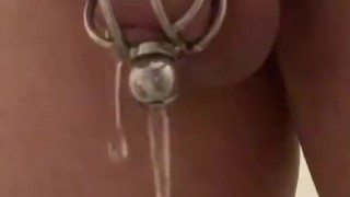 Caged sissy slave pee through urethral plug 