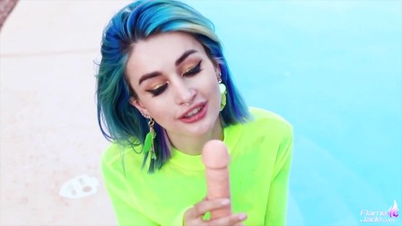 Blue-haired Babe Riding and Suck Dildo - Facial Imitation near the Pool