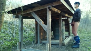 Farmer twink ties his balls , stretches tight balls and jerks off