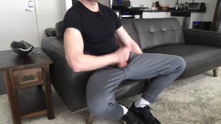Hunk guy in white Nike socks masturbates fat cock and cums
