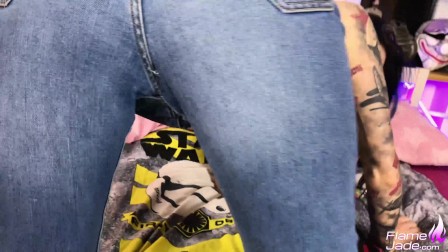 StepSister in Torn Jeans Riding on Cock and Sucking