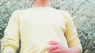 Spring jerking backyard - Fat dick , 2 cumshots and own cum licking