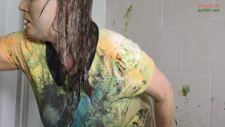Wetlook shower in my ruined dress and hairwash