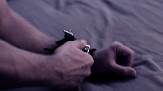 Slave tied to bed and made to cum in femdom handjob