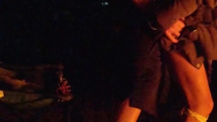 Intense creampie and shaking orgasm by camp fire